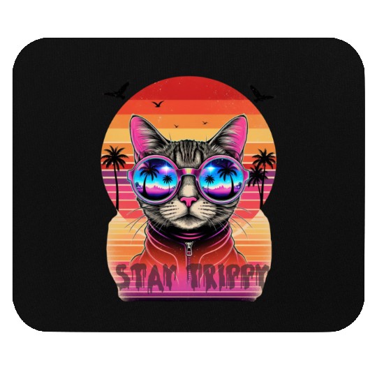 Stay Trippy Psychedelic Cat with Neon Sunglasses Mouse Pads