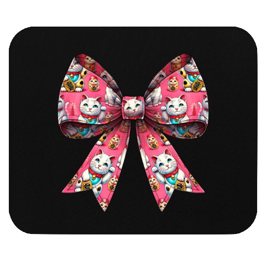 Coquette Bow Maneki Neko Japanese Cat Lucky Pink Mouse Pads