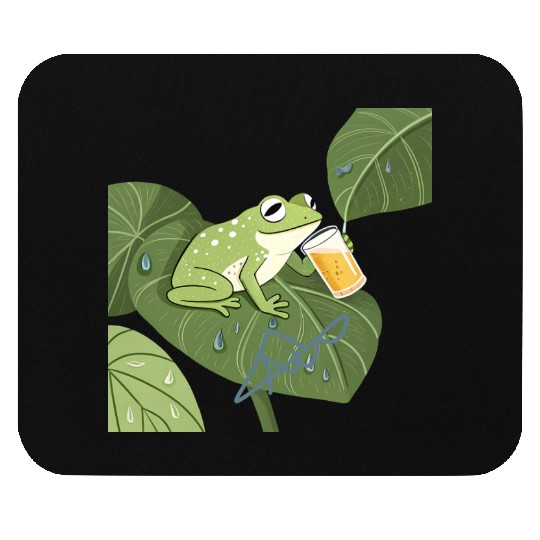 Frog's Relaxing Moment with Beer on a Leaf Mouse Pads