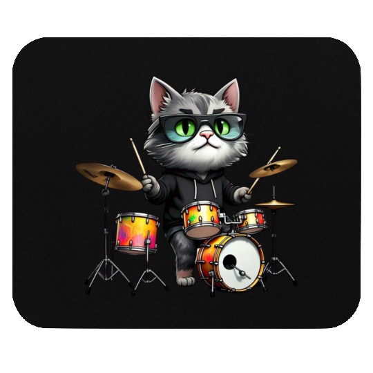 Gray Cat with Neon Drums Mouse Pads