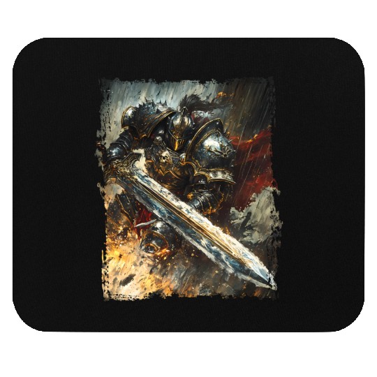Golden Powerful Knight in Storm with Flaming Sword Mouse Pads