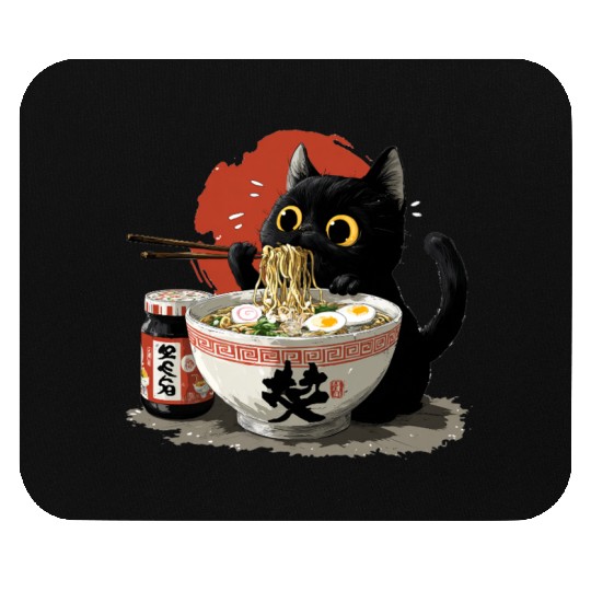 Black Cat Eating Ramen Japanese Funny Cat Mouse Pads