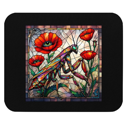 Praying mantis stained glass vibrant poppy flower Mouse Pads