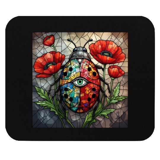 Ladybug stained glass vibrant poppy flower insect Mouse Pads