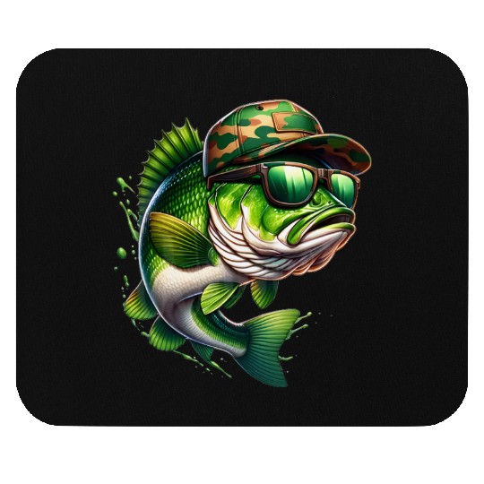 Camo Hat Bass Fish with Green Sunglasses Mouse Pads
