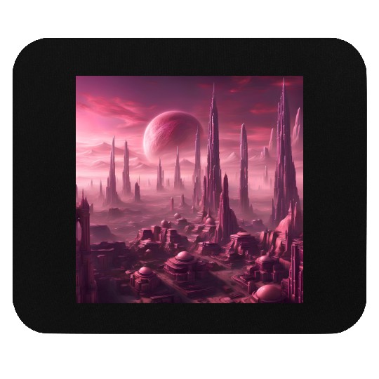 Futuristic Alien Skyline in Pink Hues Mouse Pads