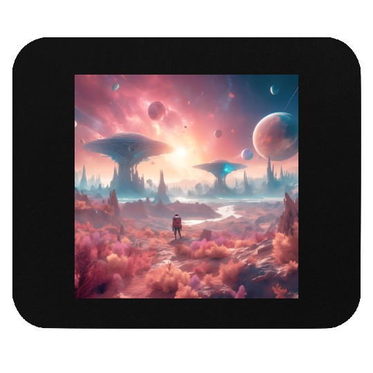 Alien Planet Explorer in Surreal Landscape Mouse Pads