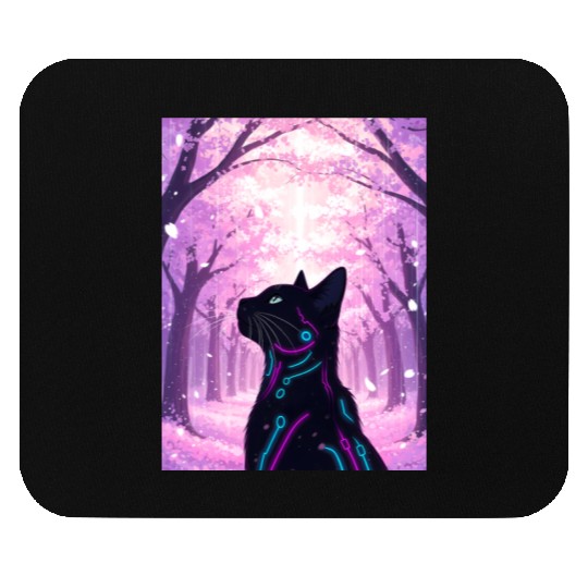 Midnight Cyber Cat | Pink Cherry Blossom Forest Mouse Pads