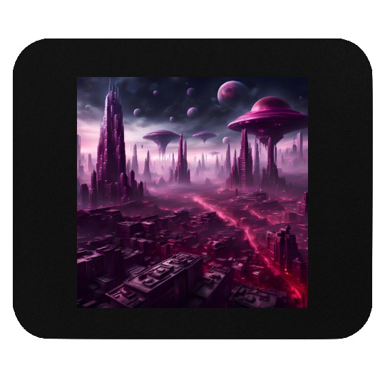 Sci-Fi Future World And Alien City in Neon Pink Mouse Pads