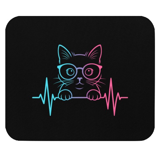 Cool Neon Cat with Glasses and Heartbeat Line Mouse Pads