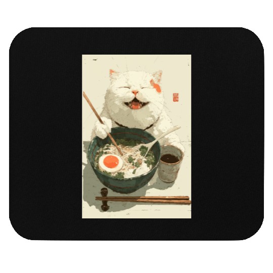 Happy White Cat Eating Ramen Mouse Pads