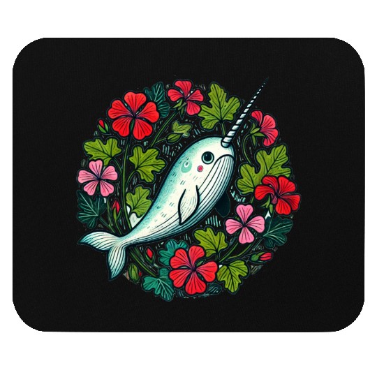 Whimsical Narwhal Amid Floral Bloom Mouse Pads