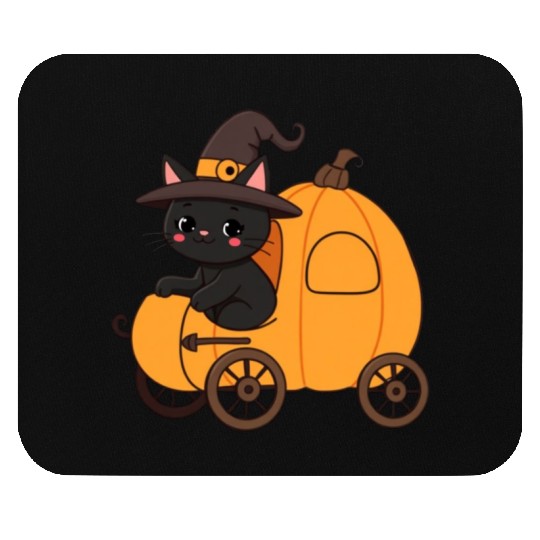 Black Cat in Witch Hat Halloween Design Mouse Pads