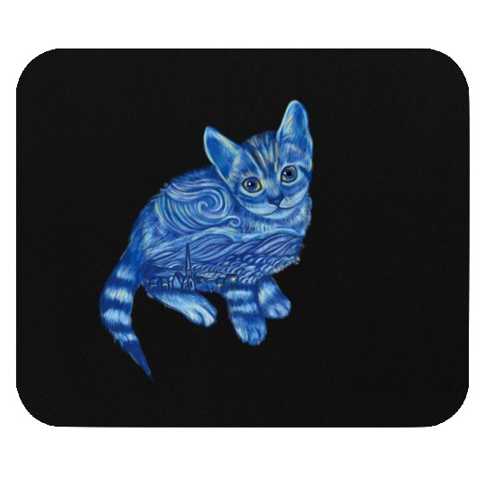 Blue Van Gogh Starry Night Bengal Cat Illustration Mouse Pads