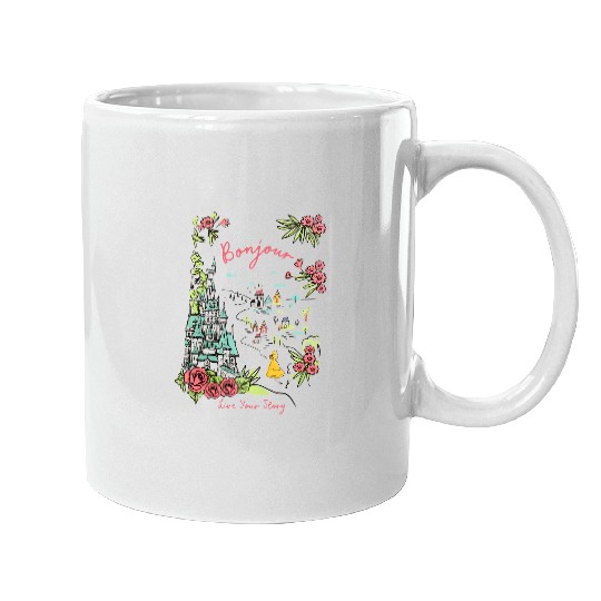 Disney Castle Belle Princess Bonjour Rose , Beauty and the Beast Floral Tee, Magic Kingdom Disneyland Family Holiday 2024 Trip Mugs
