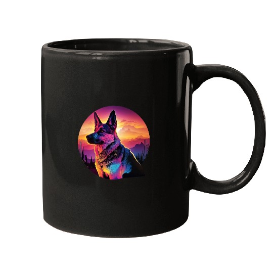 GSD Synthwave 80s Retrowave Aesthetic German Shepherd Dog Dog Mugs