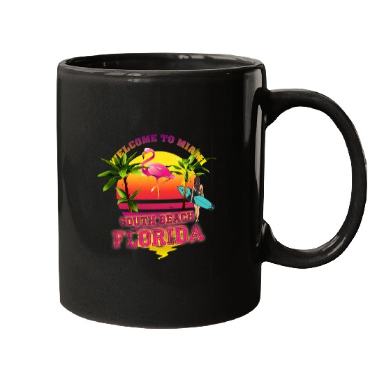 Pink Flamingo Welcome to Miami Florida South Beach Surfing Flamingos Mugs