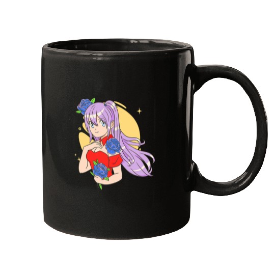 Anime Girl Blue Eyes Otaku Flowers Mugs