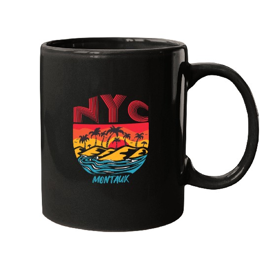 Surf Life Retro Montauk Beach Long Island Palm trees Ocean Surfing Mugs