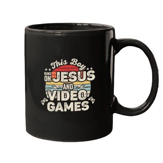 Christian Jesus Christ Christian Retro vintages This Boy Runs On Jesus And Video Games 174 Bible Verse Christ Mugs