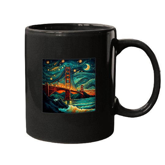 Surrealism Starry Night Golden Gate Bridge Mugs