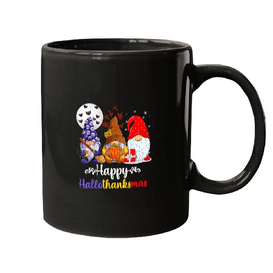 Gnomes Happy HalloThanksMas Halloween Thanksgiving Christmas 3 Mugs