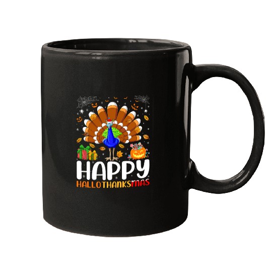 Peacock Bird Lover Halloween Christmas Happy Hallothanksmas Mugs