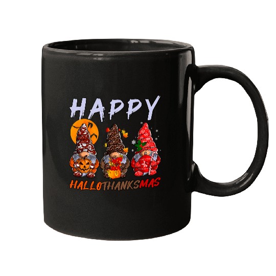 Gnomes Happy Hallothanksmas Halloween Thanksgiving Christmas Mugs