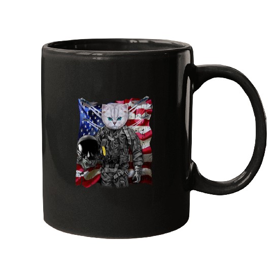Fluffy White Cat Fighter Jet Pilot with Flag of USA 1 Mugs