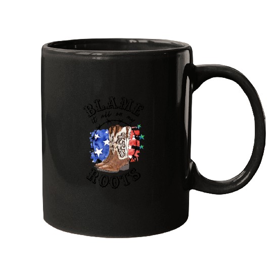 Retro US Flag Cowboy Boots Blame It All On My Roots Western Mugs