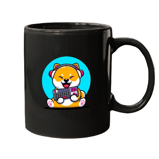 Dog Shiba Inu gaming dog with headphone holding keyboard 280 Mugs