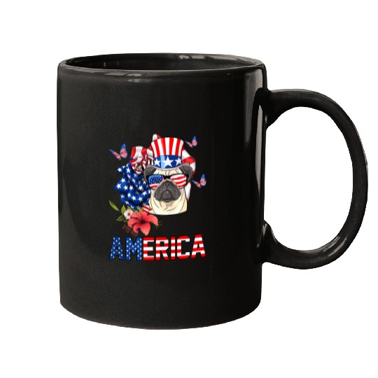 Pug Lover Funny America And Rose American Flag 4th Of July Pugs Dog Mugs