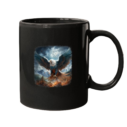 Blue white bald eagle phoenix bird flying Fires snow mountain Mugs