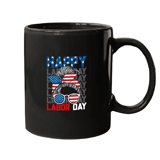 Happy Labor Day Messy Bun USA Flag Patriotic American Mugs