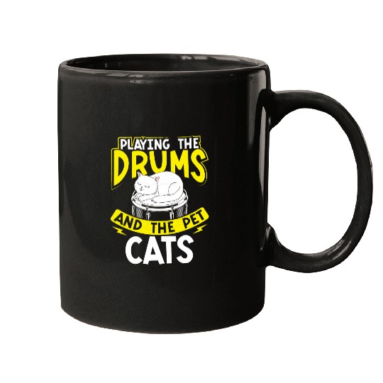 Funny Drummer Playing The Drums And The Pet Cats Animal Drummer Player Mugs