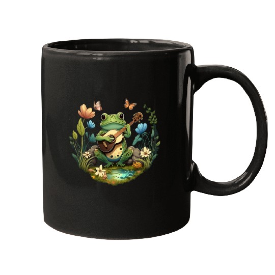 Funny Banjo Frog Cottagecore Aesthetic Frog Playing Banjo On Mushroom Cute 2 8 8 Mugs