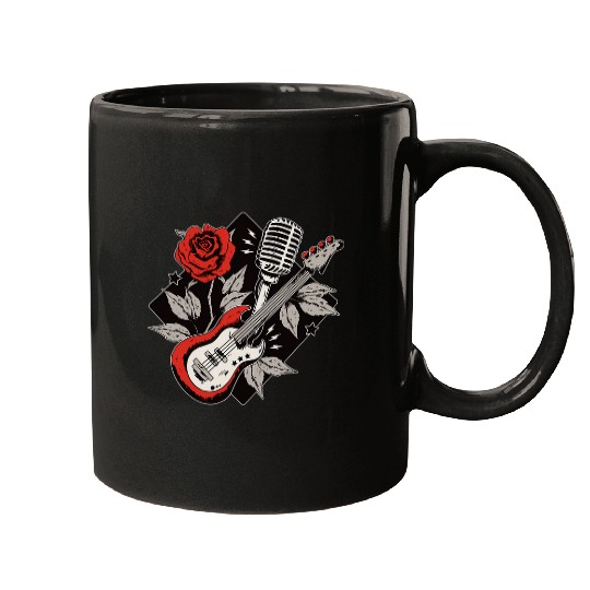 Funny Guitar Cool Music Guitar Rose And Microphone Art Mugs