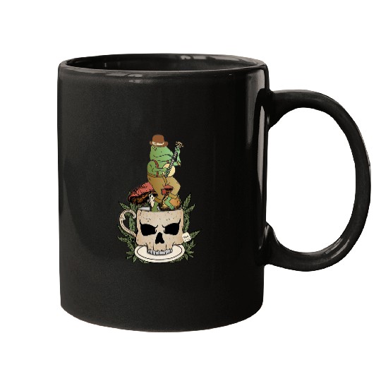 Funny Banjo Frog Cottagecore Frog Playing Banjo Mushroom Skull Goblincore Mugs