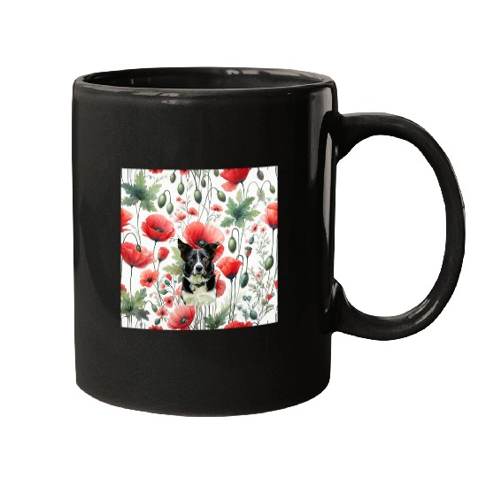 Border Collie Pet Red Poppy Vintage Cottagecore Flowers Mugs