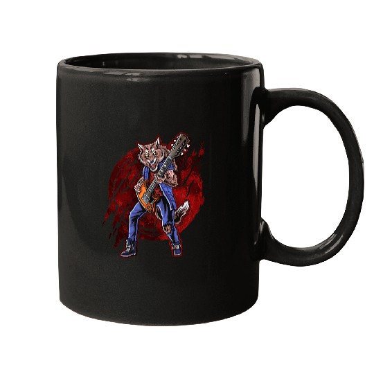 Funny Guitar wolfs Lover Werewolfs Guitar Player Blood Moon Howling wolfs Rock Musician Mugs