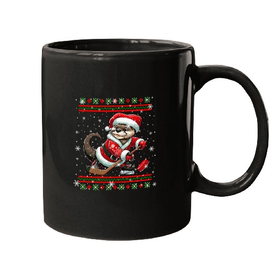 Sport Hockey Santa Otter Playing Hockey Christmas Sweater Player Lover Mugs