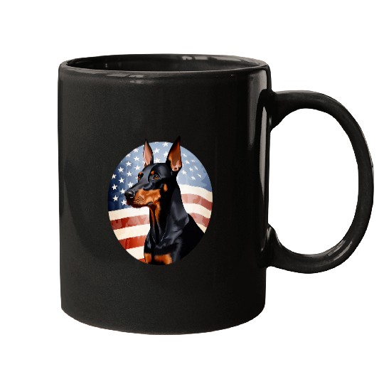 Doberman Pet Pinscher with USA Flag Independence Day 4th of July Mugs