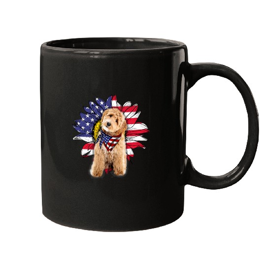 Labradoodle Pet Sunflower American Flag Labradoodle Mugs