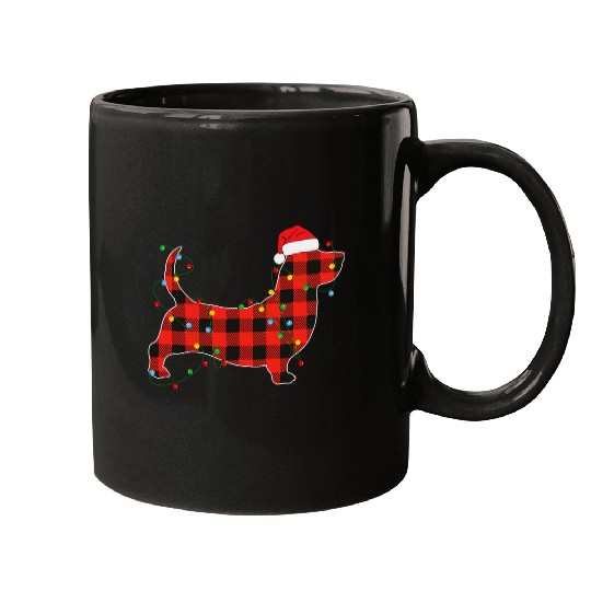Basset Hound Pet Christmas Dog Buffalo Red Plaid Lights Hat Mugs