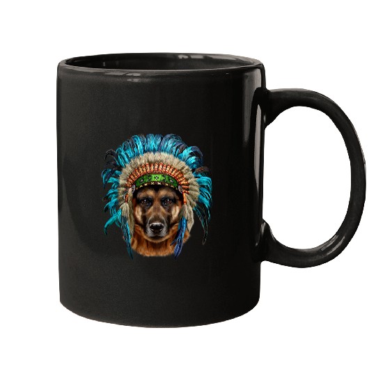 German Shepherd Pet in American Indian Warrior Headdress Mugs