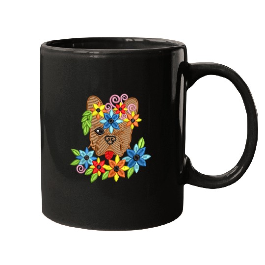 French Bulldog Pet Cute Silly French Bulldog with Flowers embroidered effect Mugs