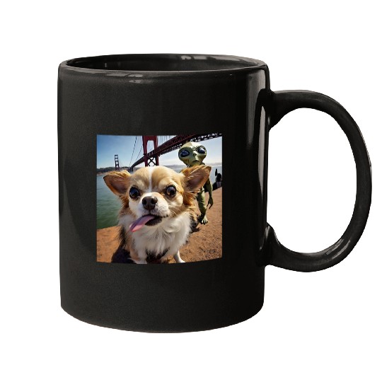 Chihuahua Pet selfie UFO alien Golden Gate Bridge dog dad mom Mugs