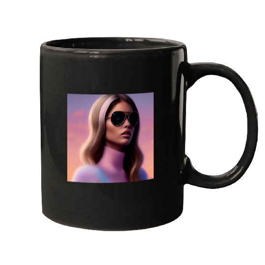 Woman Aviator Pilot Plane Pink Turtleneck Fuzzy Furry Sunset Mugs