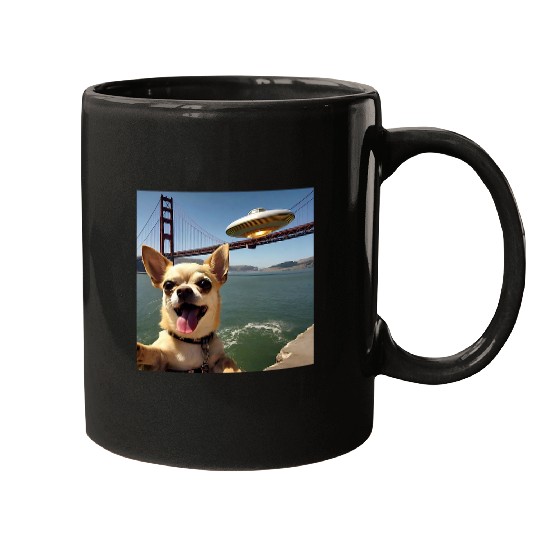 Chihuahua Pet selfie with UFO alien Golden Gate Bridge dog dad Mugs
