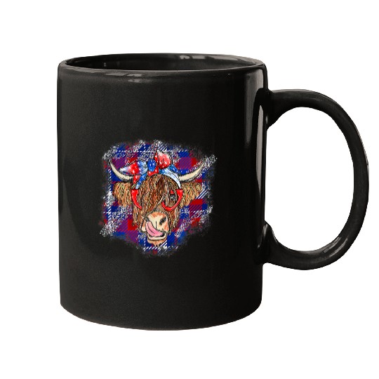 Cow Pet Red White Blue Highland Cow Patriot farmer USA 4th of July Mugs